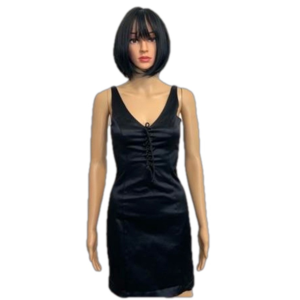 Cachet Sexy Black‎ Lace-up Deep V Neck Mini Dress